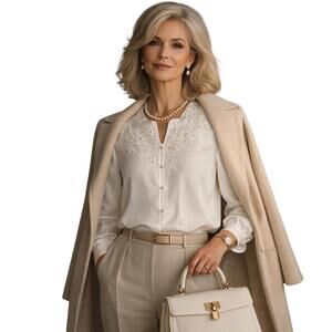 Kathy Che Vintage Ivory Blouse with Floral Lace Yoke & Pearl Buttons - Size 18